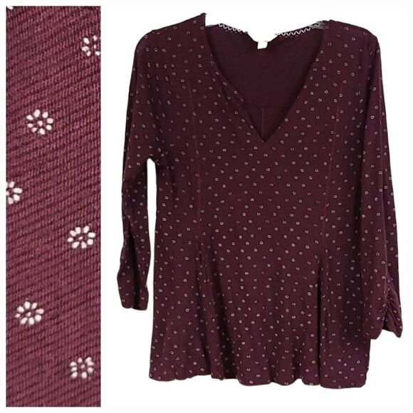 Lucky Brand Burgundy Print Ruched Sleeve Thermal Tee Linen Knit Shirt Medium Top - Picture 1 of 13